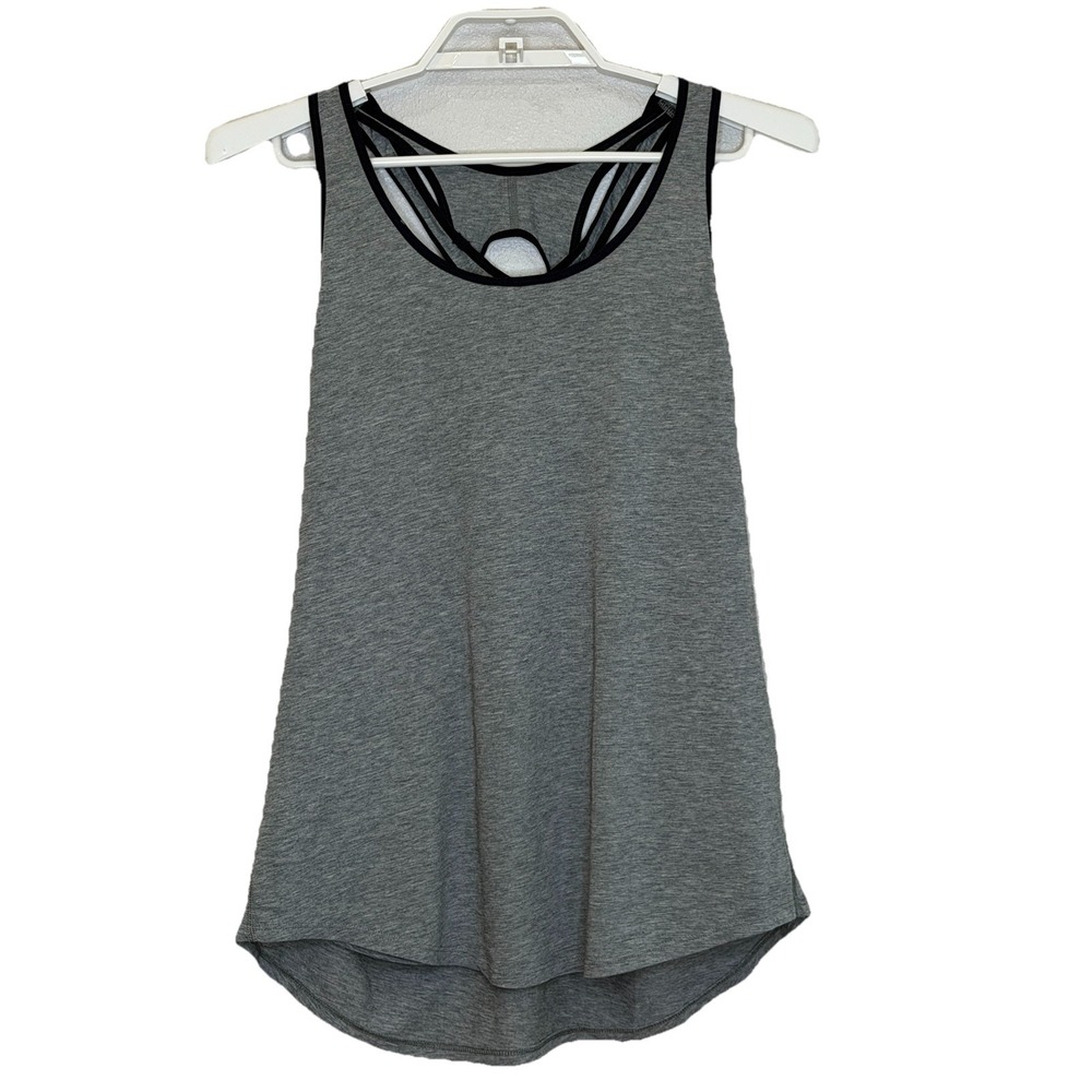Lululemon Athletic Tank Top Womens Sz 8 Gray with Blue Trim Racerback Loose Fit